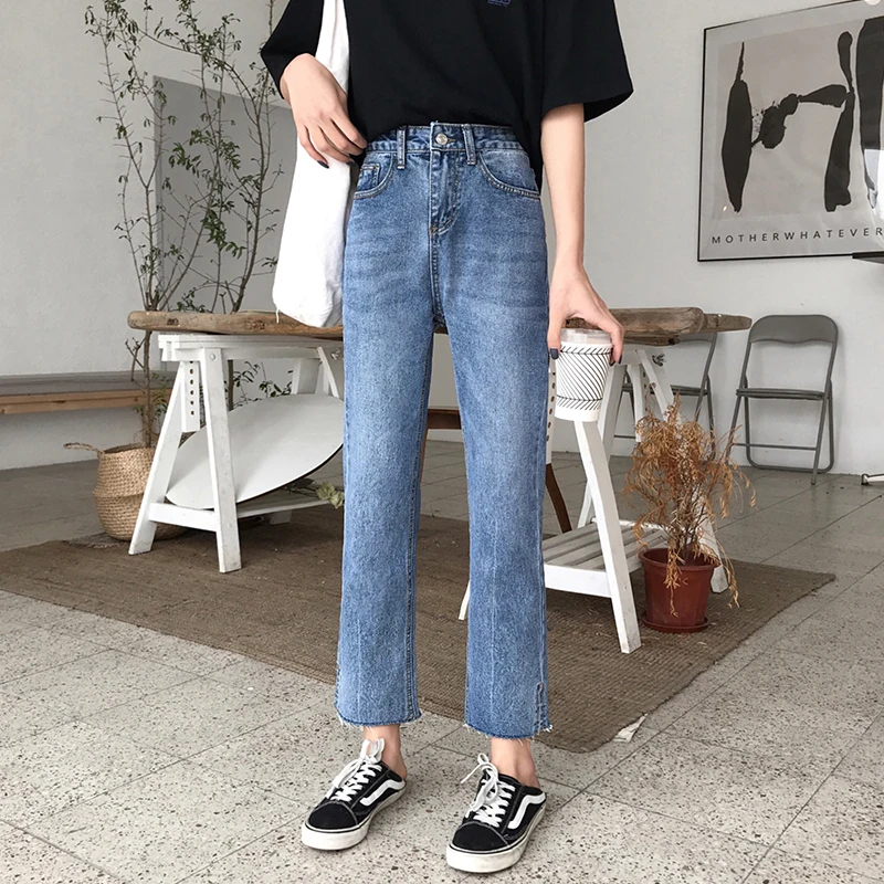 Женские прямые джинсы с высокой талией в студенческом стиле свободные