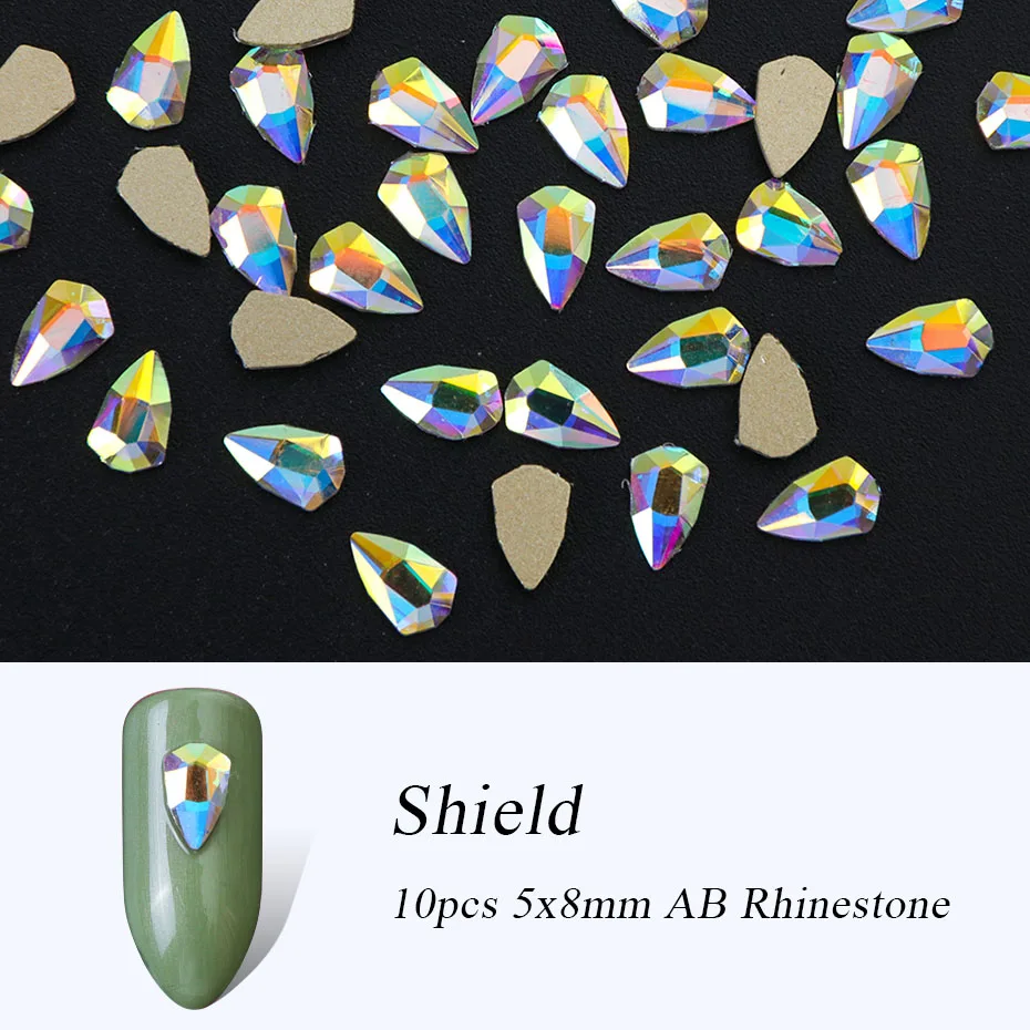 10pcs Shield 5x8mm Искрящегося цвета Кристалл aб для ногтей драгоценные камни стразы для украшения ногтей, Стекло колеса в виде геометрических фигур цветок ювелирные изделия с бриллиантами декоративный камень для ногтей украшения для маникюра BE694-1 - Цвет: 10pcs Shield 5x8mm