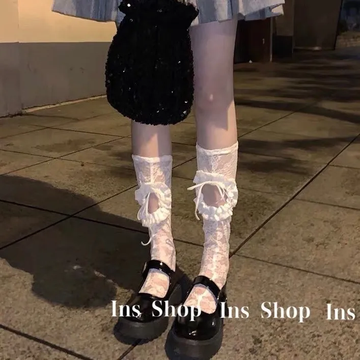 

Ins Japanese Drawstring Lace Calf Socks Piled In Tube Lolita Knee Socks Cute Pure Girl Lace Stockings White Long Socks Funny