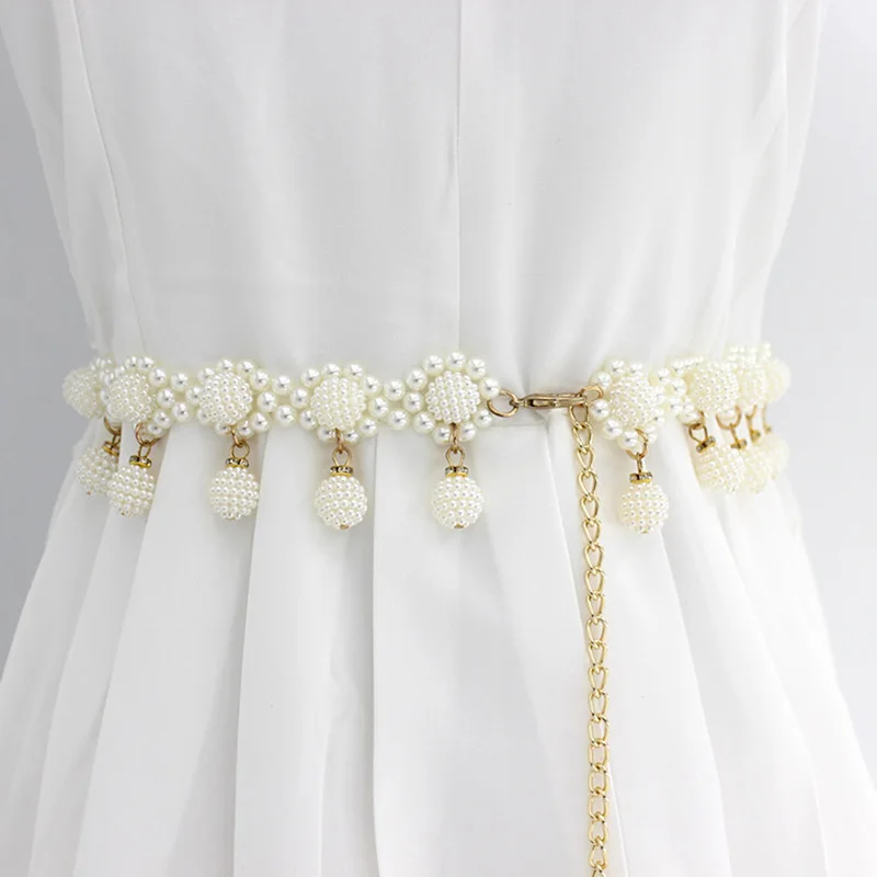 Fashion Elegant Beaded Hook 1Pcs Pearl Decorative Metal Belt Women Belt Thin Waistband Waist Chain Dress Decorative Waist Belt