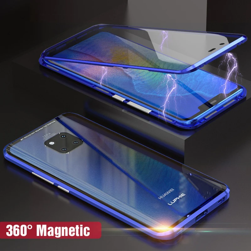 Магнитный металлический чехол для Huawei Mate 20 Pro противоударный Полный стеклянный