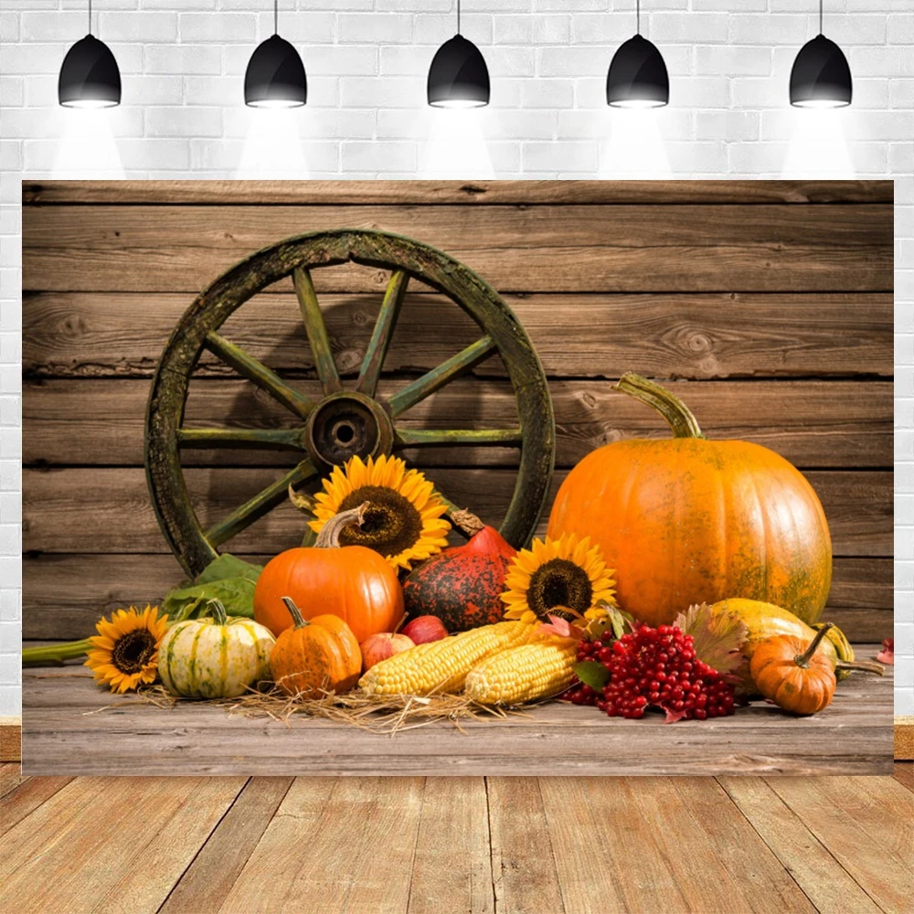 

Autumn Farm Barn Pumpkin Wheel Wood Board Baby Portrait Backdrop Vinyl Photography Background For Photo Studio Photophone Booth