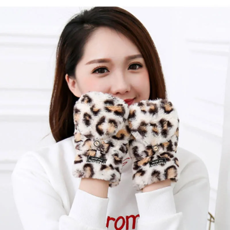 Женские зимние перчатки на полпальца плюшевые теплые с откидной крышкой для