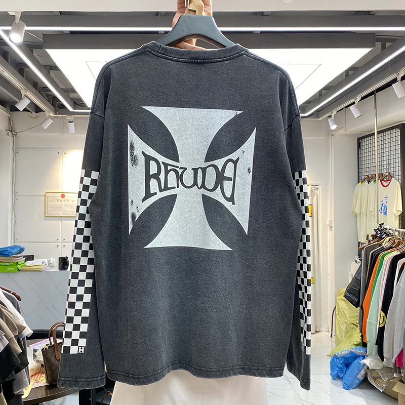 

High Quality Vintage Rhude CLASSIC CHECKERS T Shirt Men Women Graphic Print RHUDE Tee Washed Tops Oversize Shirts