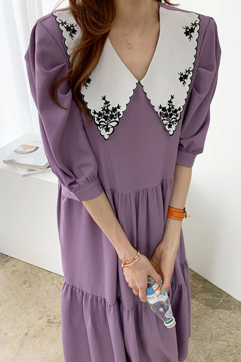 

YAMDI woman party 2020 new midi dress women half sleeve a-line elegant korean vintage dresses summer patchwork peter pan collar