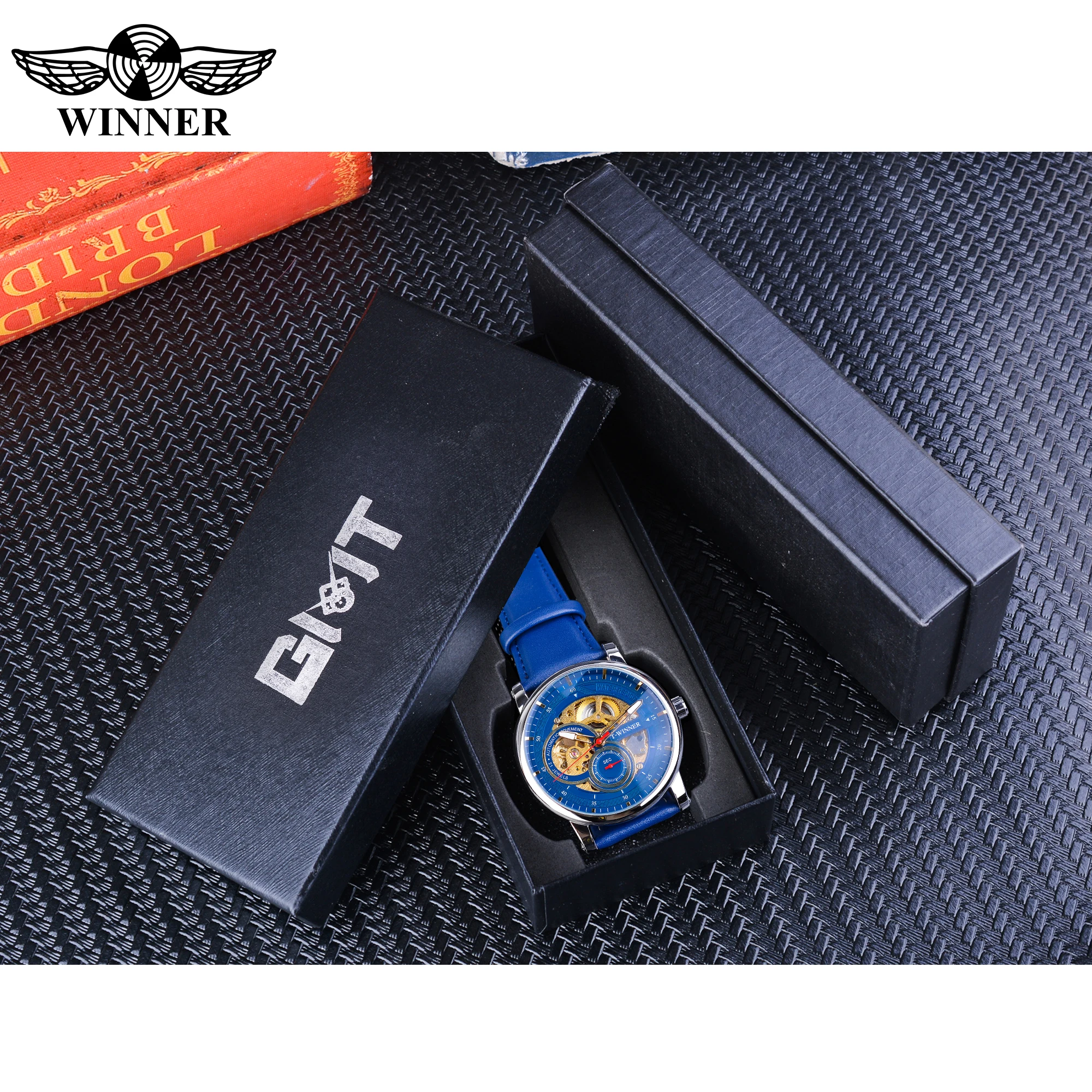 

Winner Business Mechanical Mens Watch Blue Genuine Leather Strap Fashion Automatic Clock Luminous Hands Skeleton Dial Wristwatch