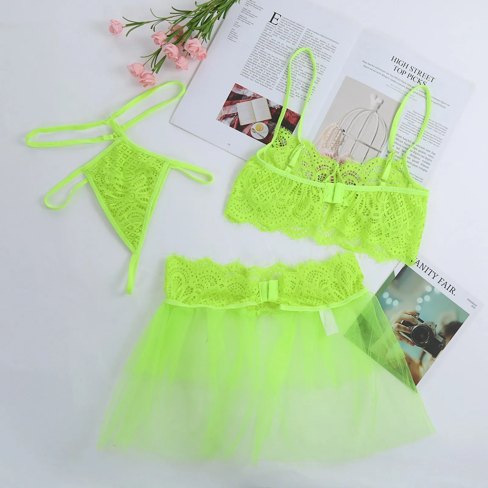 

Erotic Lingerie Lace Babydoll MIni Dress Women Lace Bra G-string Sexy Underwear Set Transparent Erotic Costumes Porno Sleepwear