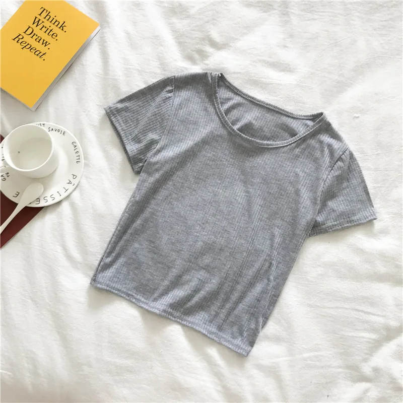 

Women New Summer Purple Knitted T-shirts Korean Chic Skinny O Neck Short Sleeve Screw Thread Cropped Slim Tops Korean Tees Femme