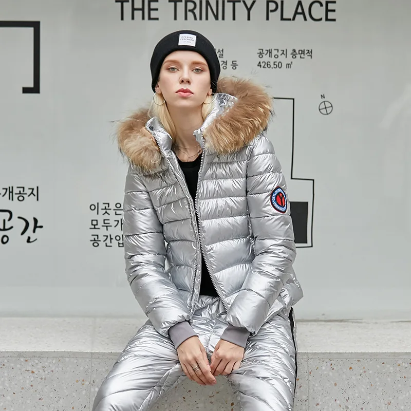 silver 2piece set FORERUN/зимние спортивные костюмы для женщин, лыжная парка и брюки, костюм, натуральный мех, с капюшоном, с хлопковой подкладкой, теплые зимние комплекты из двух предметов - Цвет: silver 2piece set