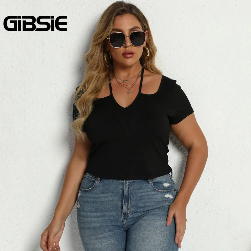 

GIBSIE Black Tie Back Halter Neck Crop Top T Shirt Women 4xl 3xl Plus Size Summer Short Sleeve Casual Solid Rib-knit Tee Tops