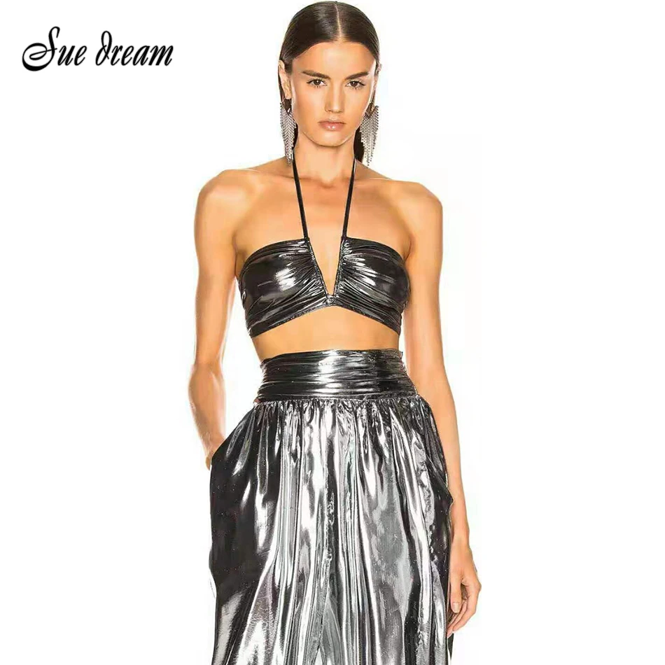 Женский серебристый Топ без рукавов с лямкой на шее и брюки высокой талией