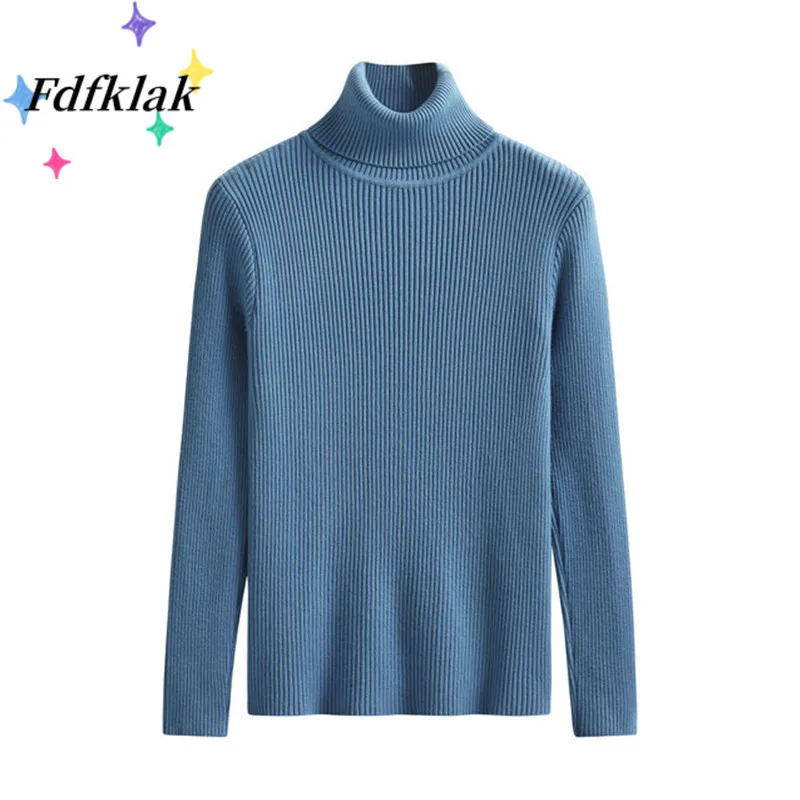 

Fdfklak Thick Turtleneck Sweater Women Winter New High Level Bottoming Shirt Blue Pullover Base Color Jumper Long-Sleeved Top