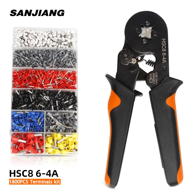 HSC8 6-4 1800PCS Tubular Terminal Crimper kit 0.08-10mm² 25-7AWG Electrical Crimping Pliers alicate crimpador Hand Tools Set |