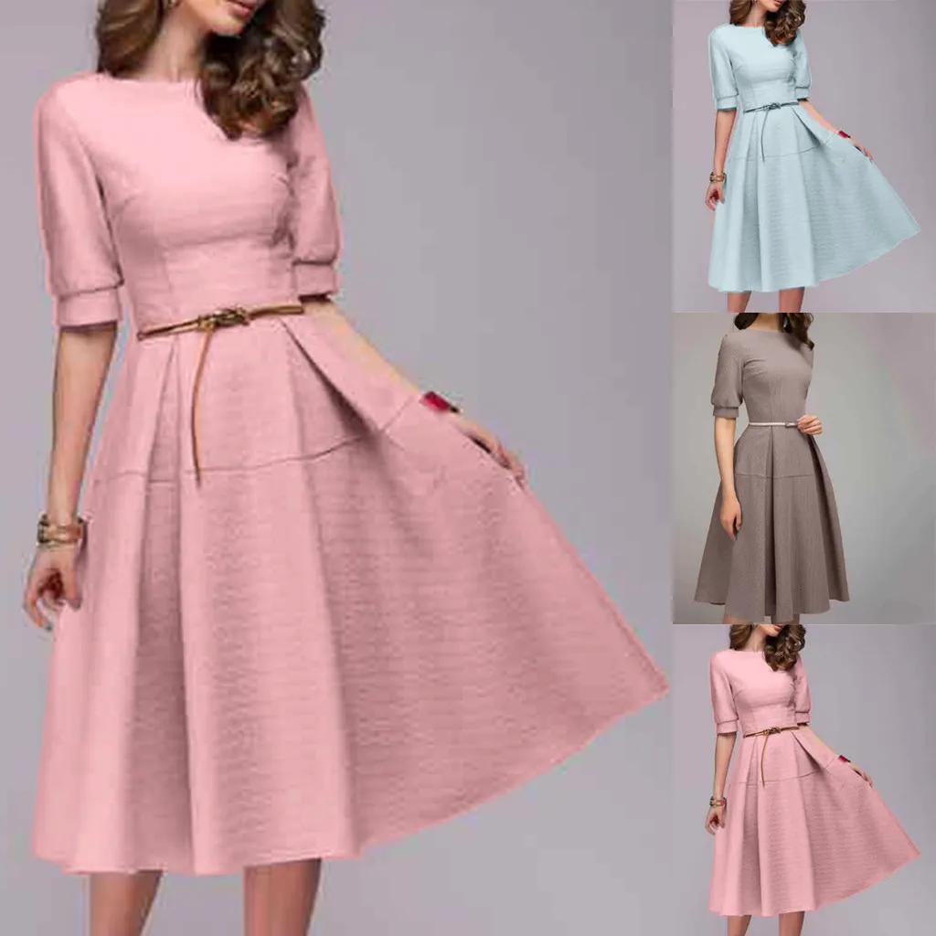 

62# Elegant Summer Dress Ladies 2021 Casual Fashion Women Ladies Half Sleeve Casual Vintage Work Office A Line Knee Length Dress