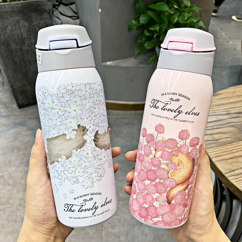 Термос из нержавеющей стали с цветочным принтом животных 350 мл/480 мл теплая чашка