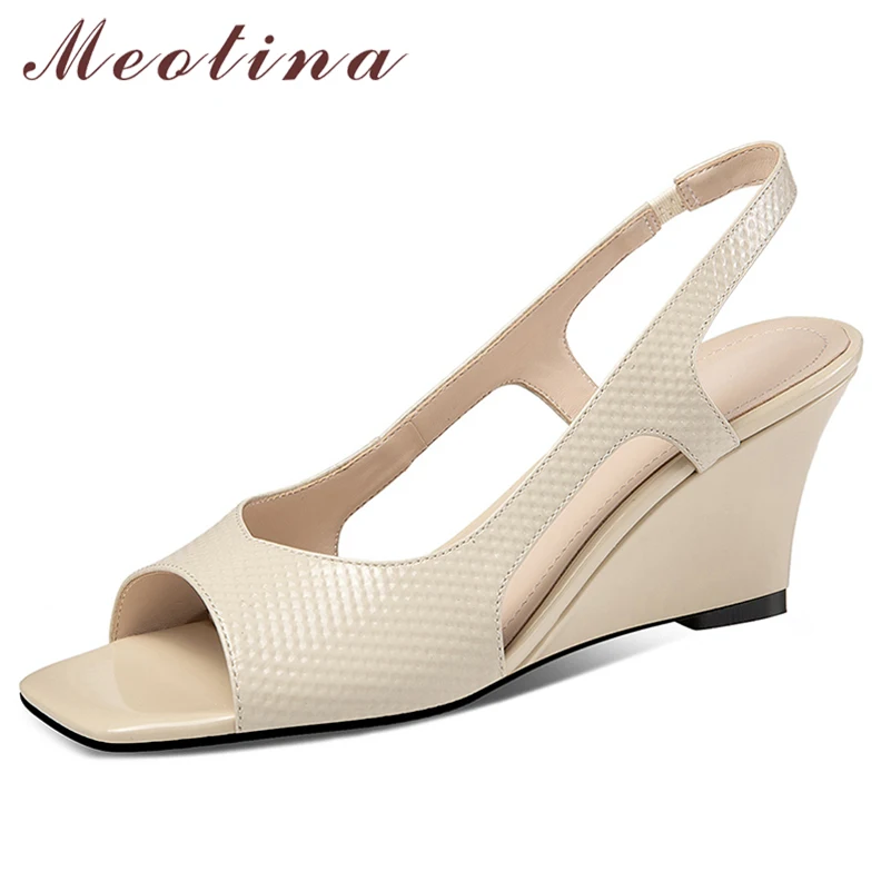 

Meotina Women Sandals Genuine Leather Shoes High Heel Wedges Sandals Peep Toe Causal Slingback Ladies Footwear Summer Apricot