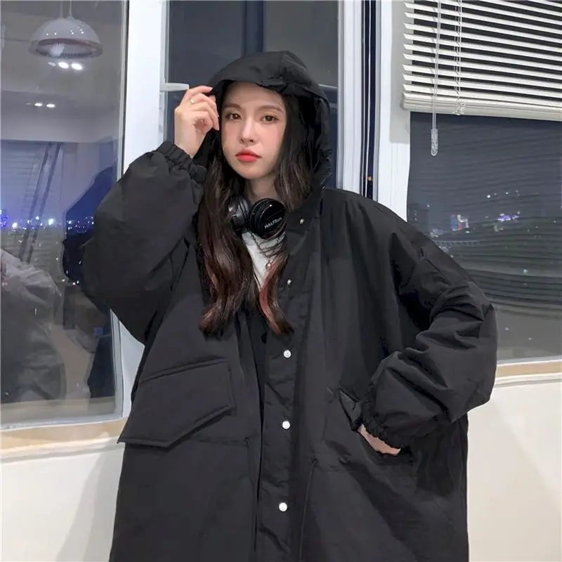 

Women All-match Loose Solid Hooded Thickening Single Breasted Wide-waisted Leisure Pockets Trendy College Oversized Coat Women