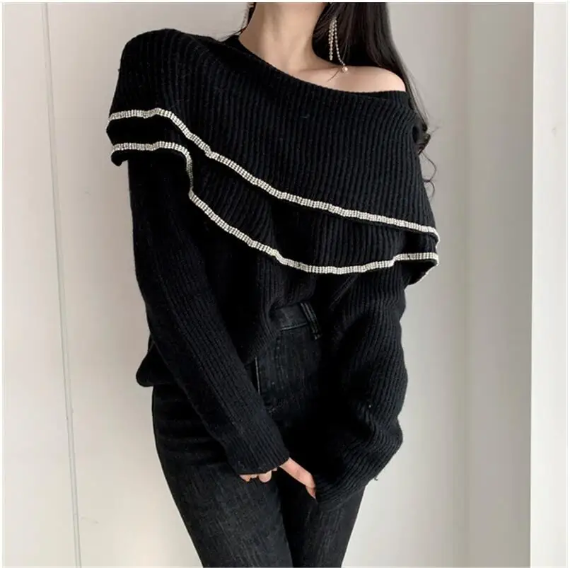 

Korean Ruffles Sexy Women Sweaters Pullovers 2020 Winter Long Sleeve O-neck Tops Elegant Sweet Fashion Ladies Sweaters Femme