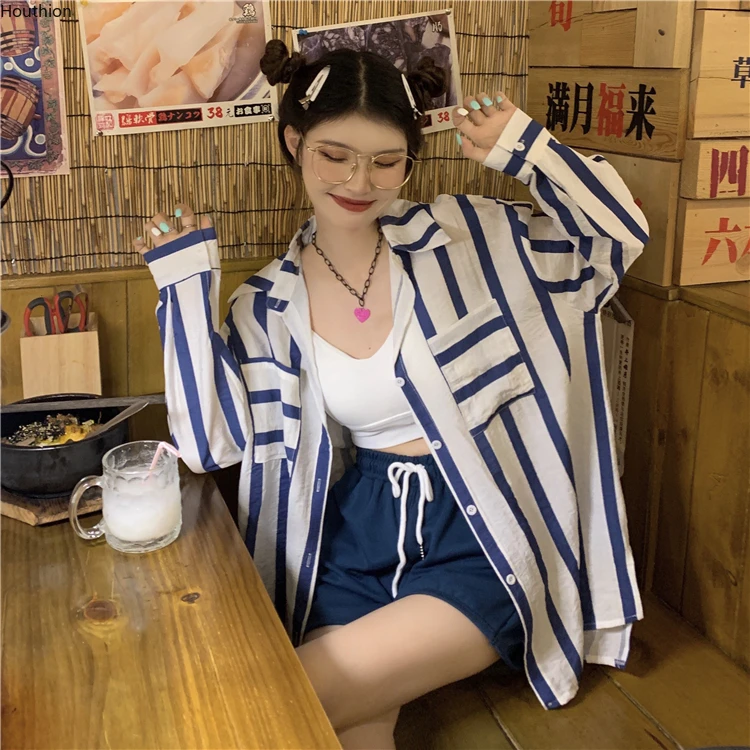 

Шифоновая Свободная Женская блузка, новые модные блузки, повседневные блузки с длинным рукавом, рубашки с полосками на пуговицах и воротник...