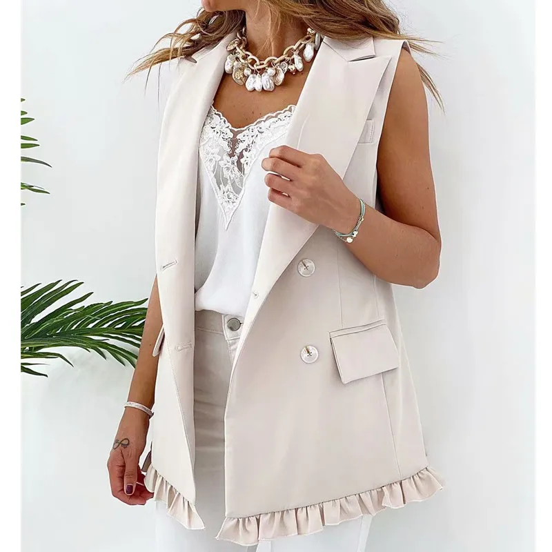 Стильный шикарный двубортный жилет цвета хаки с оборками женский модный