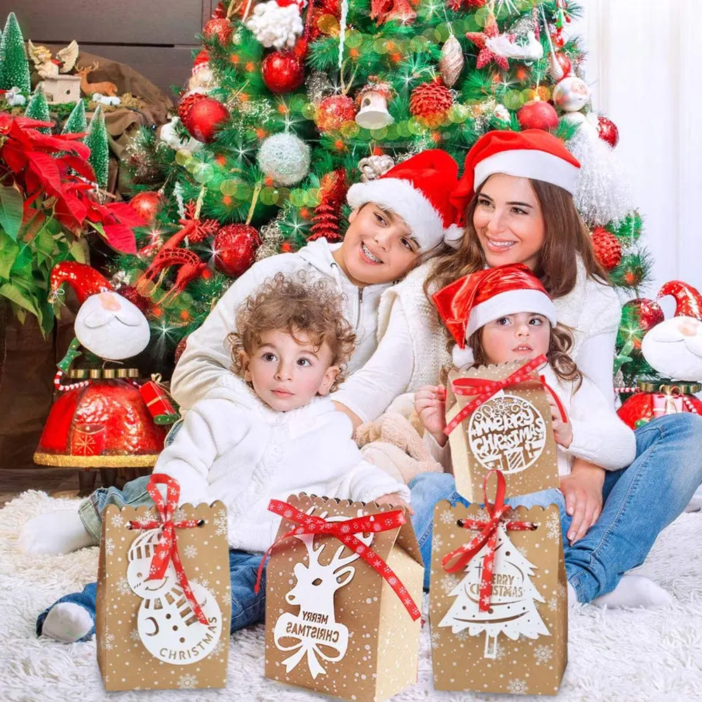 

24PCS Chritmas Gift Bags Kraft Paper Bag for Christmas Snack Candy Present Bag Cookie Packaging Bag Party Favor New Year