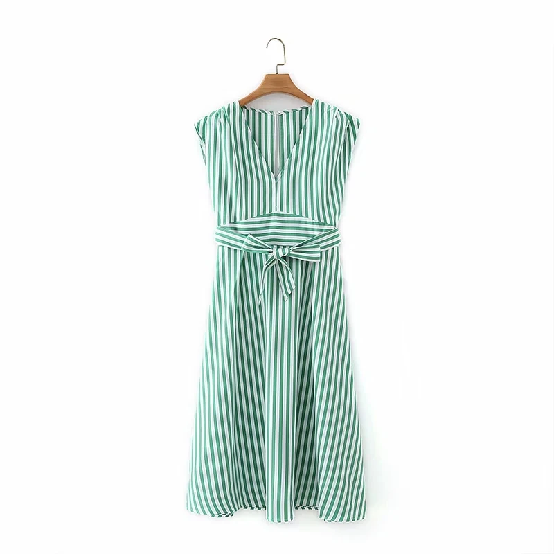 

Summer Women V Neck Sashes Striped Midi Dress Female Sleeveless Clothes Casual Lady Loose Vestido D7533