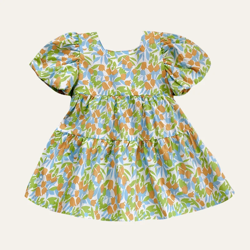 

2021 Summer New Kids Dress Floral Skirt Sweet Puff Sleeve Princess Dress Baby Girl Clothing Casual Breathable Beach Skirt Girl