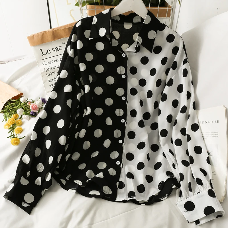

2021 New Polka Dot Blouse Women Turn Down Collar Long Sleeve Shirts Clothes Streetwear Blouses Woman