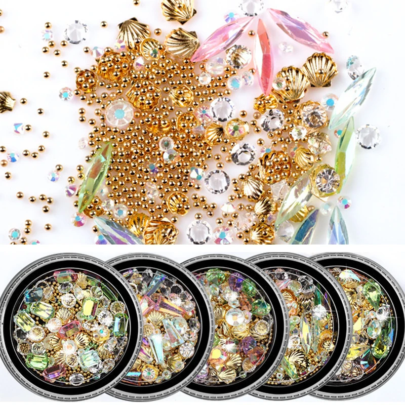 1 коробка Стразы для ногтей красочные Кристальные золотые бусины смешанные