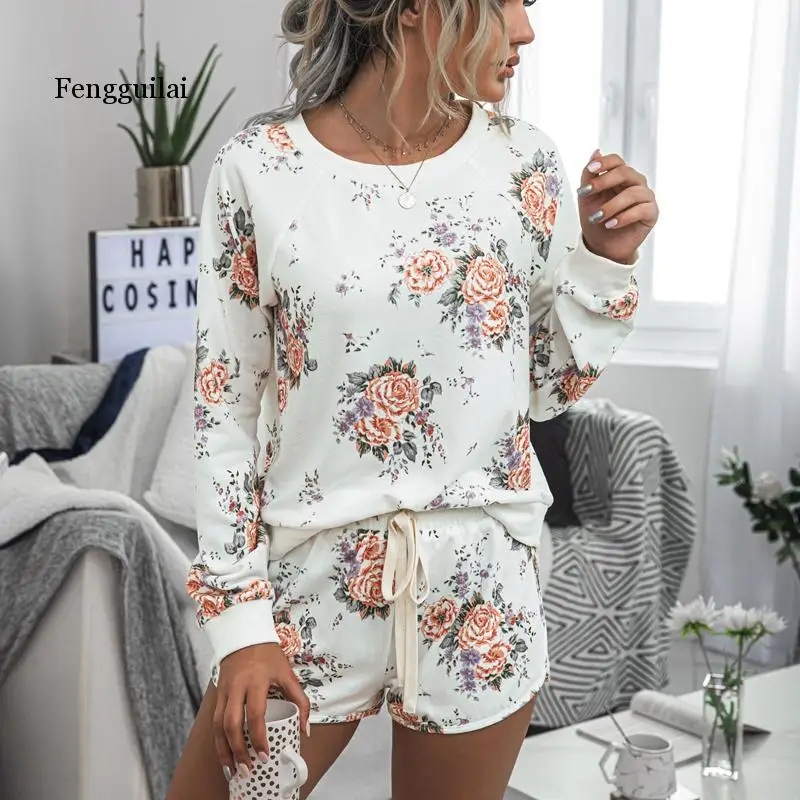 

Summer Elegant Long Sleeve Print Tops Women Fashion O-Neck Two Piece Sets Spring Casual Lace up Loose Home Suits Pockets