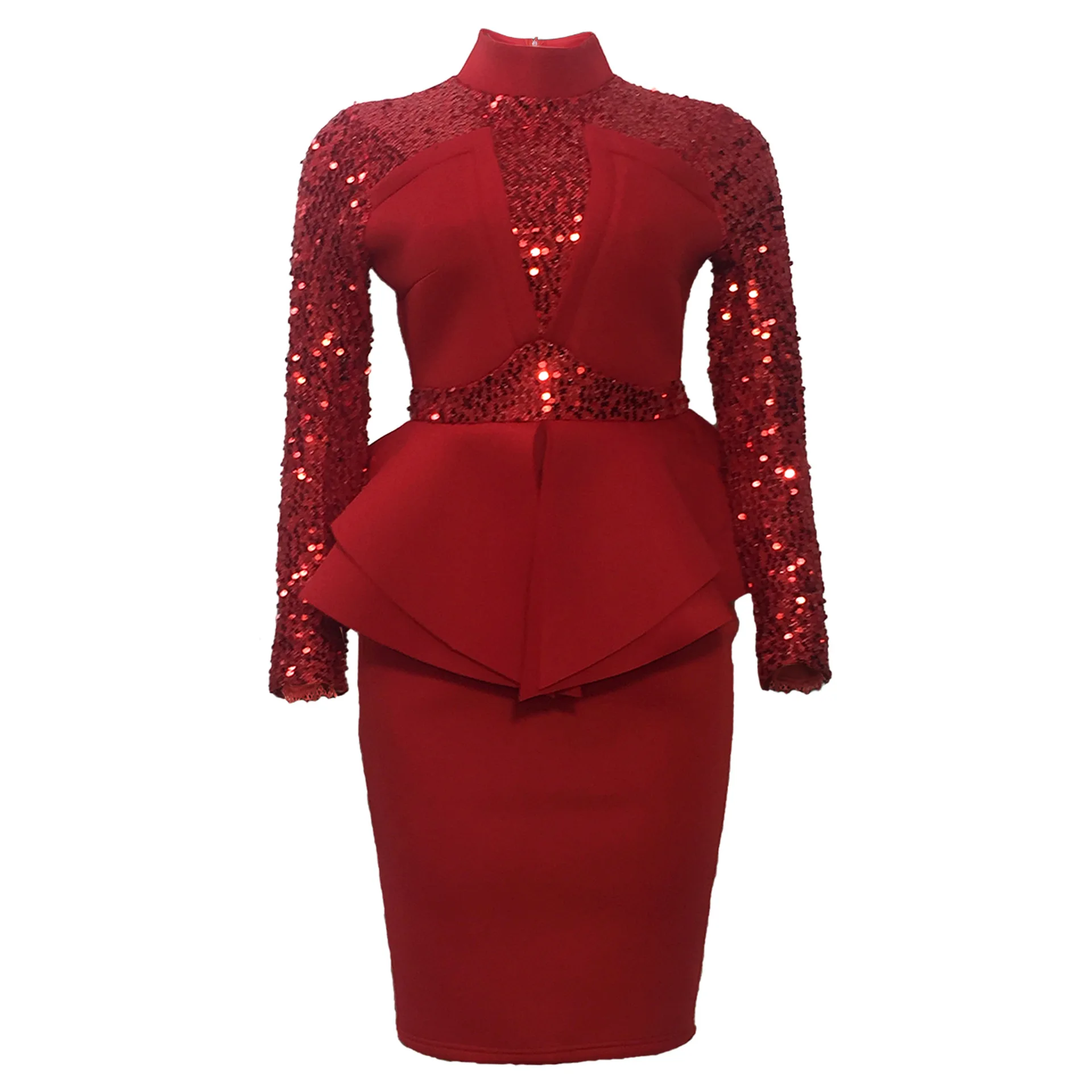 2019 autumn elegent women regular solid sequined long sleeve plus size knee-length dress | Женская одежда