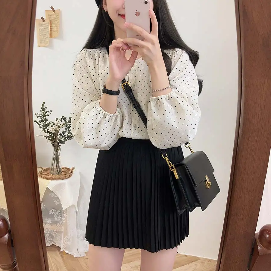 S XL, Новая Винтажная рубашка в горошек, женские топы, женские блузки с длинными рукавами для девочек, большие размеры, осенние женские блузки, femme Blusas