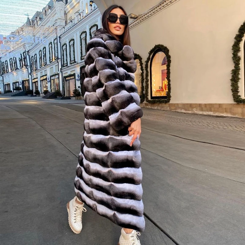 120CM Long Natural Rex Rabbit Fur Coat For Women Winter New High Quality Full Pelt Rex Rabbit Fur Coats Chinchilla Color Outwear