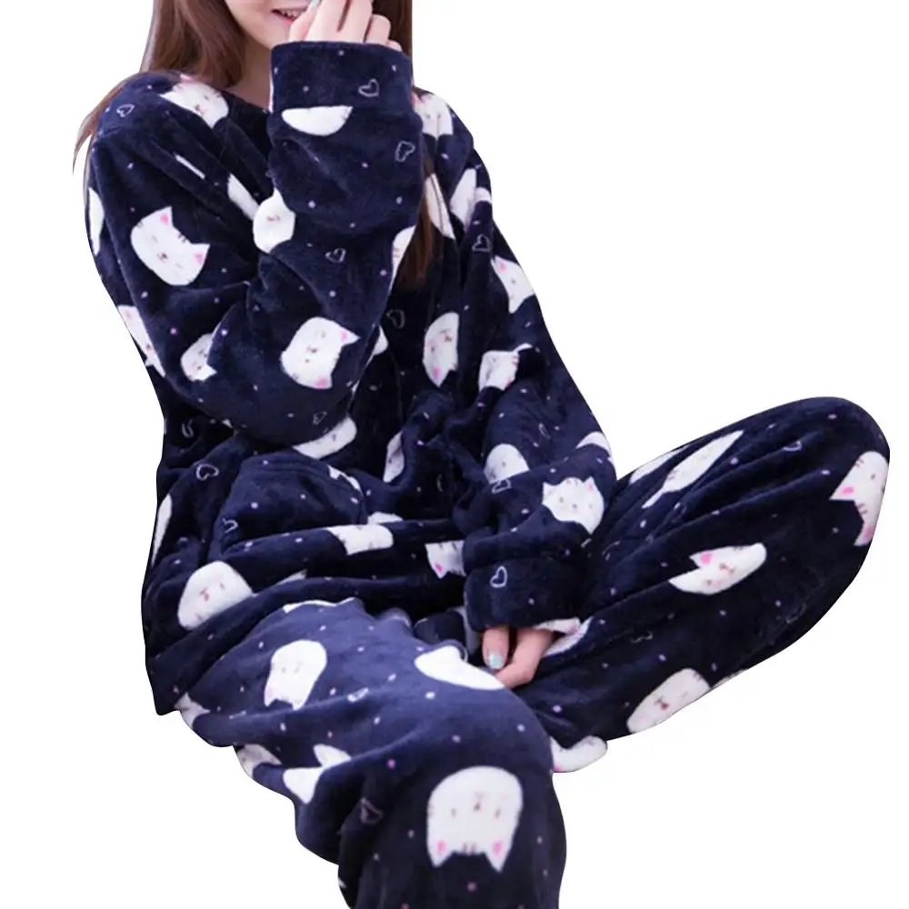2pcs Autumn Winter Women Thin Flannel Women Pajama Set Pullover Thick Coral Velvet Long Sleeve Cartoon Homewear Dropshipping - Цвет: as picture