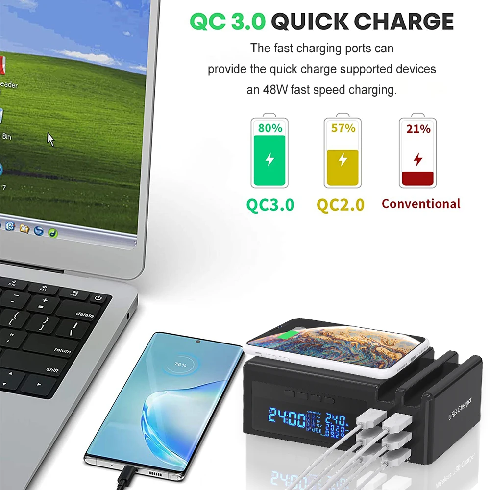 

Wireless USB 48w PD Fast Apdate Charger Station with 6ports USB Clock for iphone android Mobile Phone