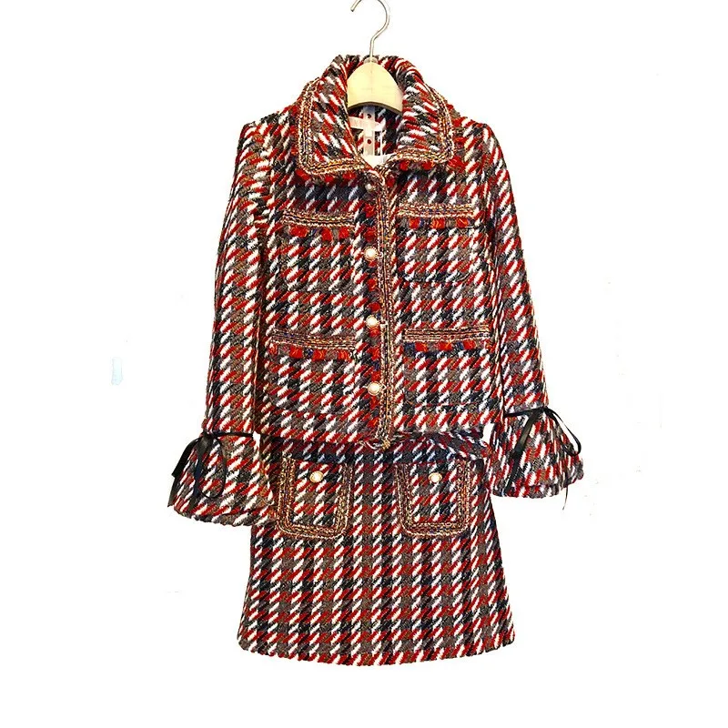 

Tweed Suit Women Lapel Single-Breasted Flare Sleeve Tassel Jackets Ladies Sashes A-Line Skirts Two-Piece Sets Autumn Winter