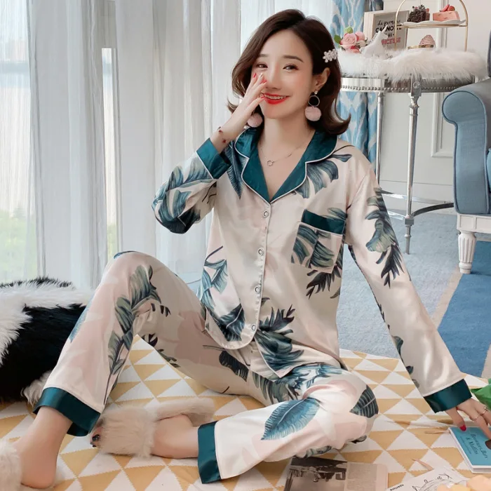 M-XXL Spring Autumn Pijama Mujer Long-Sleeved Faxu Silk Pajamas Women's Full Length Pyjamas Women Home Clothes Sleepwear