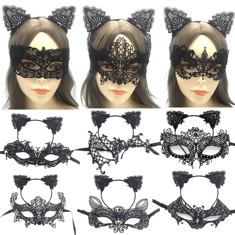 

Women Halloween Cosplay Hair Accessories 2 Pcs Lace Eye Mask Cat Ears Headband Set Masquerade Party Kitten Costume Couples Gift