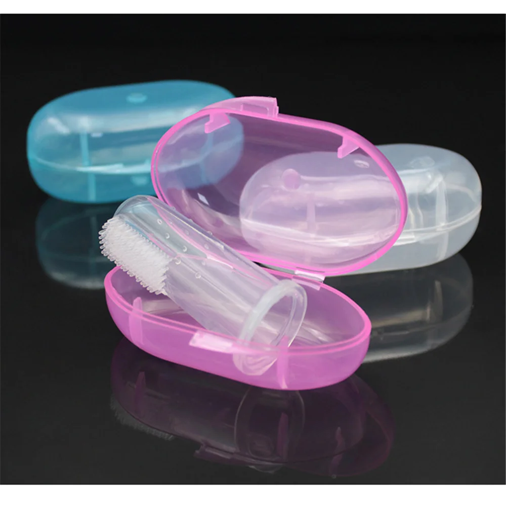Juego de cepillo de dientes de silicona para beb&eacute; + caja, limpieza de goma, suave, transparente-4