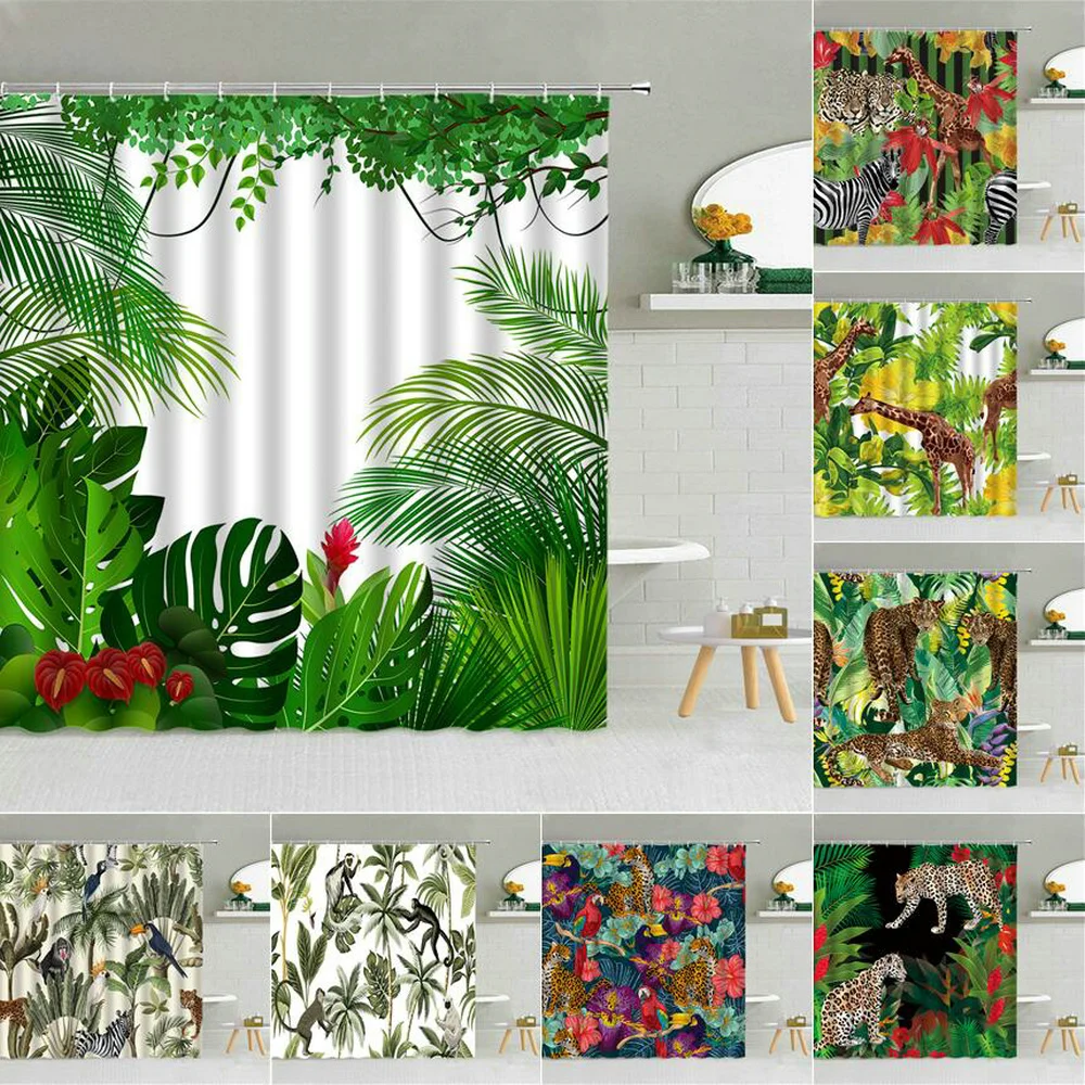 

Тропический тропический пейзаж, занавеска для душа, s зеленые листья, леопард, жираф, Зебра, обезьяна, декор для ванной комнаты, крючки, набор ...