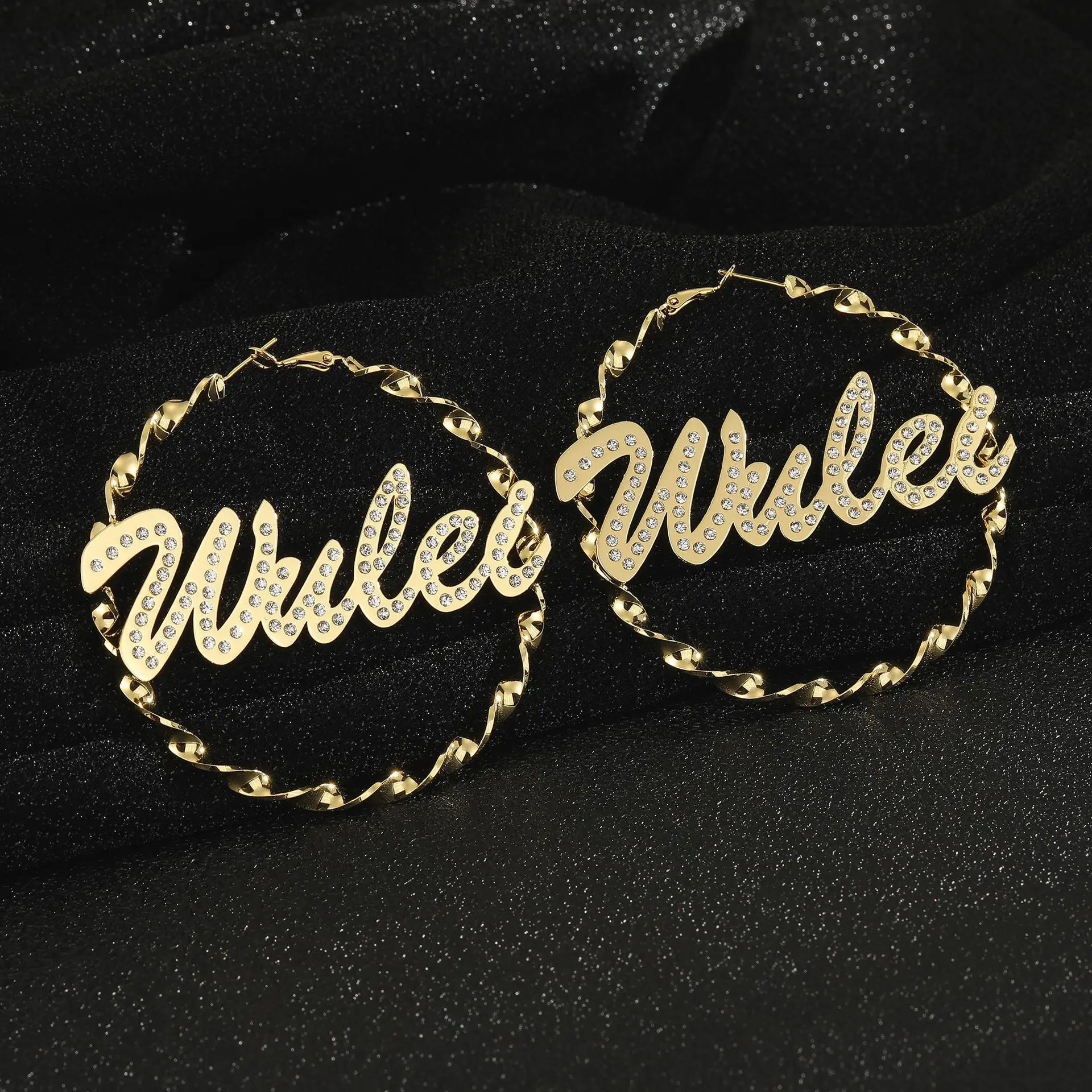 

Customize Name Letter with Zircon Bamboo Earrings Circle Large Bling Bling Diamond Stainless Steel Women Jewelry Custom Earrings