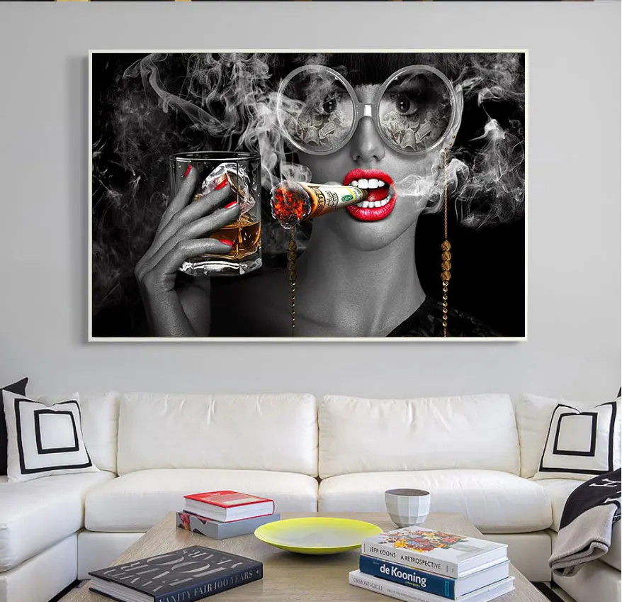 

USD Dollars Wall Art Pictures Modern Black Smoking Girl Canvas Posters Prints Canvas Painting Quadro Decoration Home Decor Art