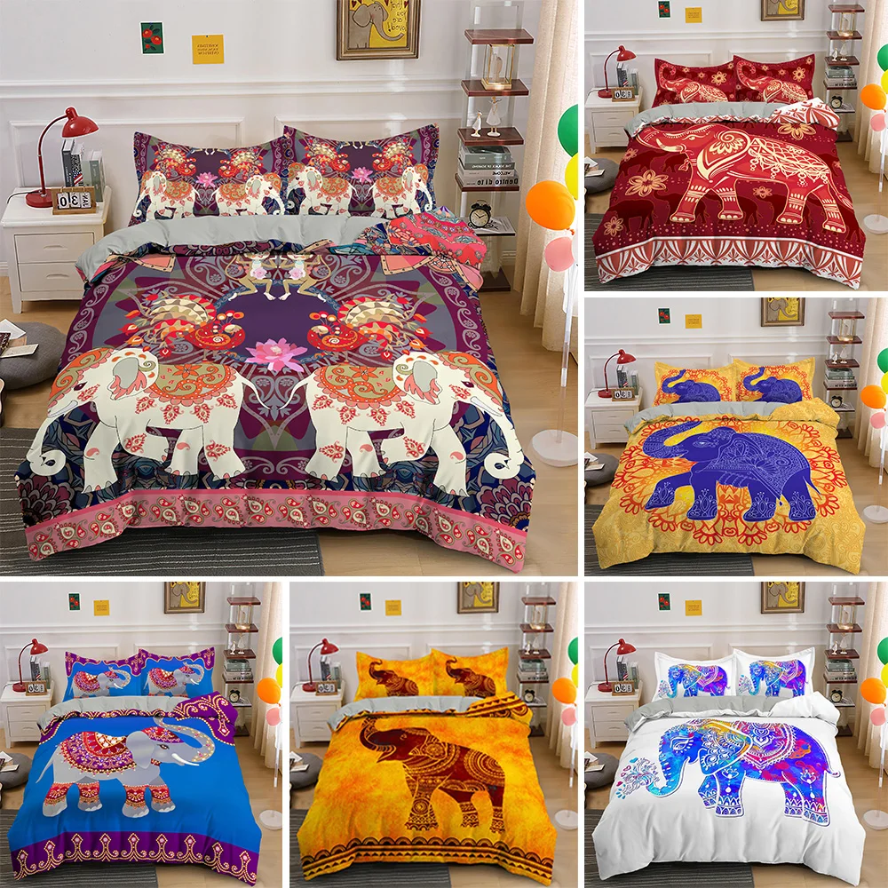 

Psychedelic Boho Elephant Bedding Sets Queen King Size 2/3Pcs Duvet Cover Set With Pillowcase Hippie Quilt Covers Bed Linen