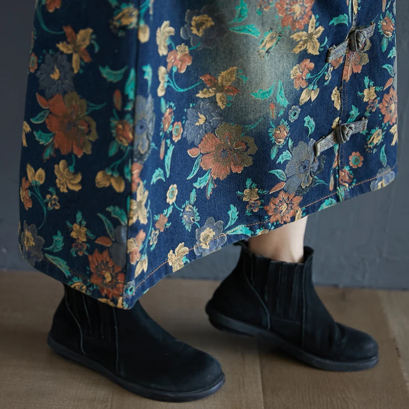 

2021New Vintage Printing Women Skirts Washed A-Line Falda Mujer All-Match Denim Skirt Women Pocket Jeans Autumn Spring FC1004