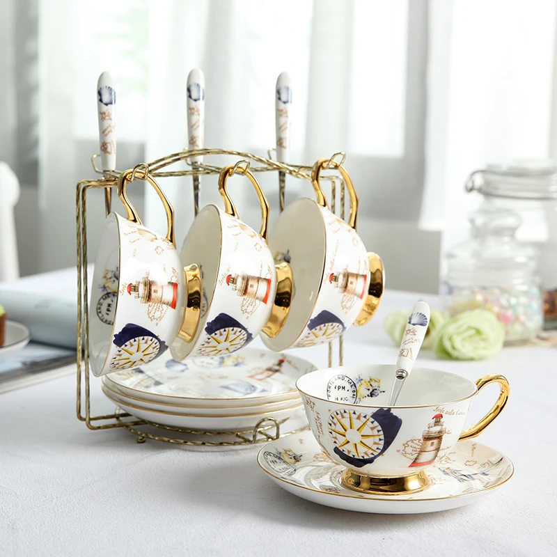 4Cups n Holder Ретро штамп костяной фарфор чайная чашка блюдце ложка набор 200 мл Европейская Современная фарфоровая кофейная чашка кафе керамическая чайная чашка Прямая поставка - Цвет: 4Cups n Holder