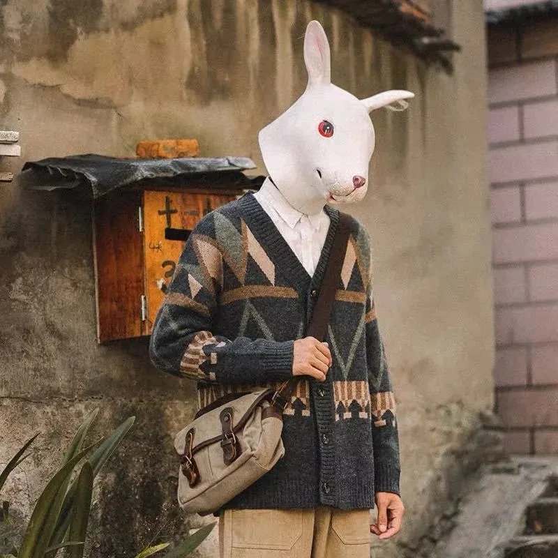 Мужской Жаккардовый кардиган с V-образным вырезом в стиле ретро |