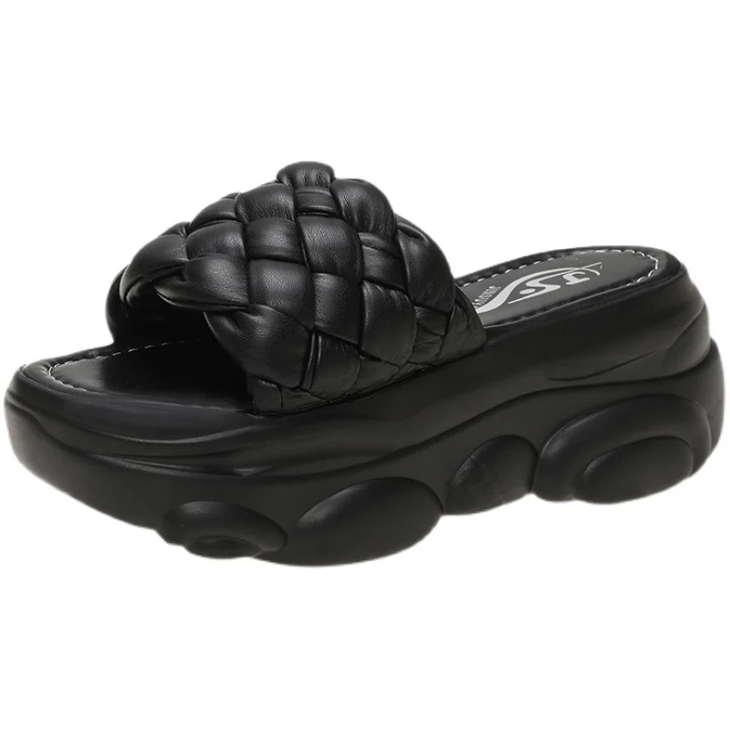 

House Slippers Platform Flat Shoes Female Slides Fashion Slipers Women Heeled Mules Summer Soft Luxury Rubber 2021 High Rome PU