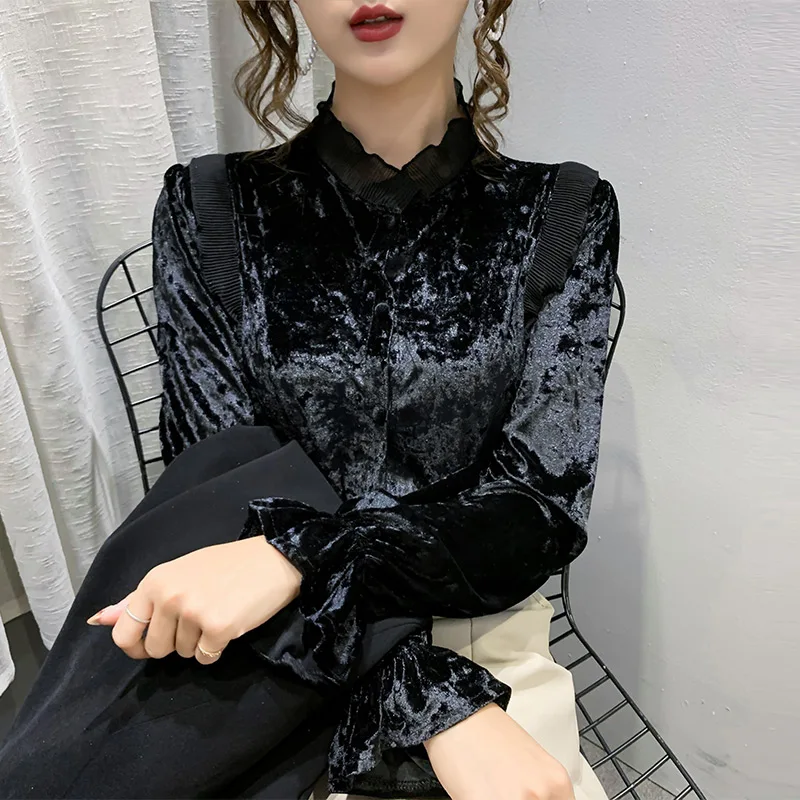 

2020 Autumn Spring Fashionable Korean Style Single Breasted Stand Collar Patchwork Lace Solid Fold Women's Blouse LX0013