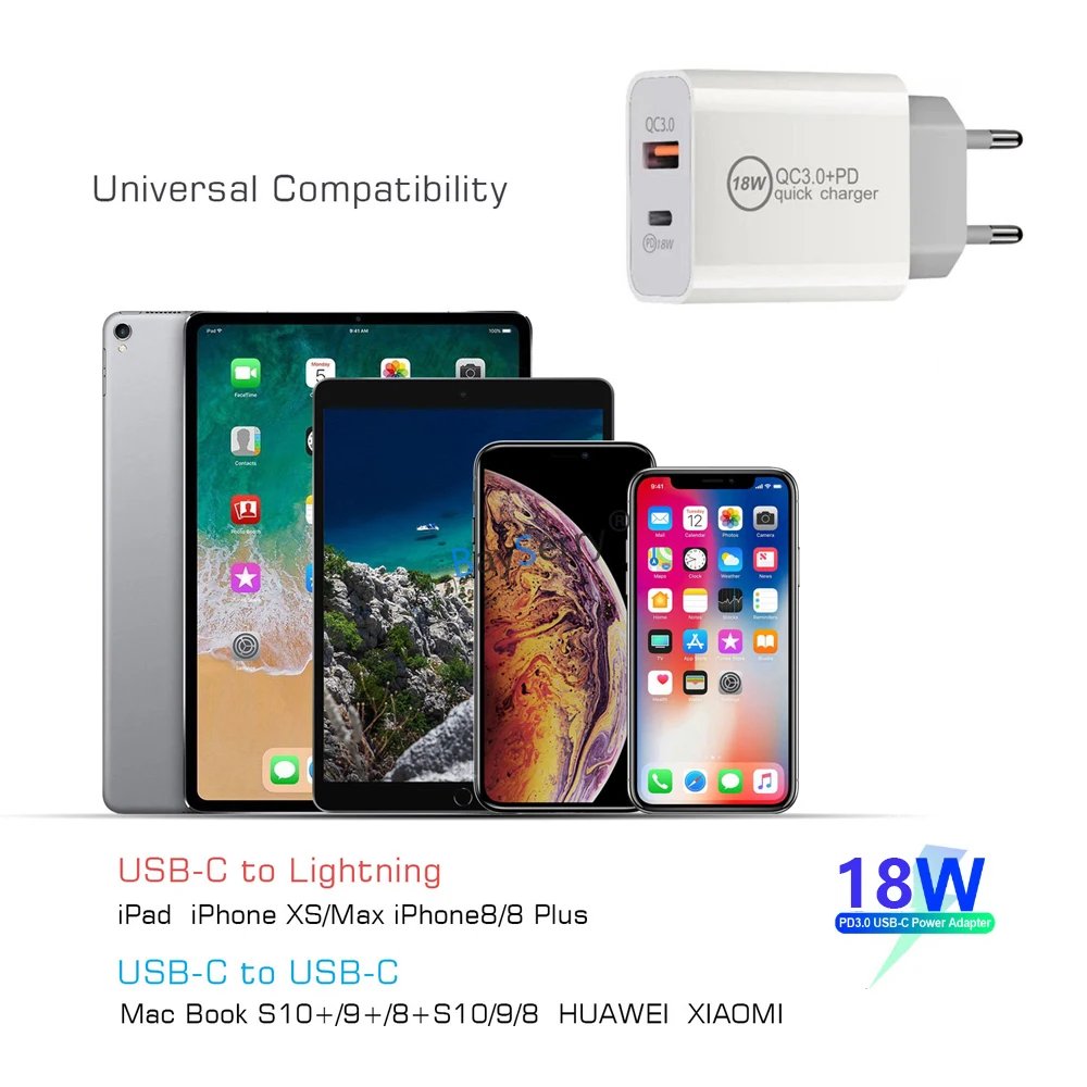 BaySerry 18 Вт type-C зарядное устройство для мобильного телефона PD/QC3.0 + 3A Dual USB быстрое EU