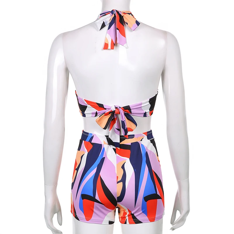 

CIBBAR Colorful Print Deep V Neck Halter Playsuit Women Sexy Backless Bodycon Rompers Short Pants Summer One Piece Party Outfits